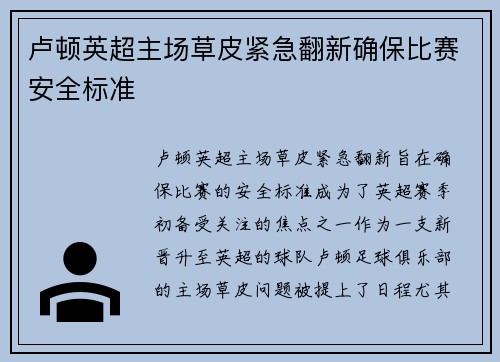 卢顿英超主场草皮紧急翻新确保比赛安全标准 卢顿英超主场草皮紧急翻新确保比赛安全标准